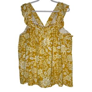 LC Lauren Conrad Womens Plus 1X Yellow Floral Ruffle V-Neck Cotton Tank Top 8583